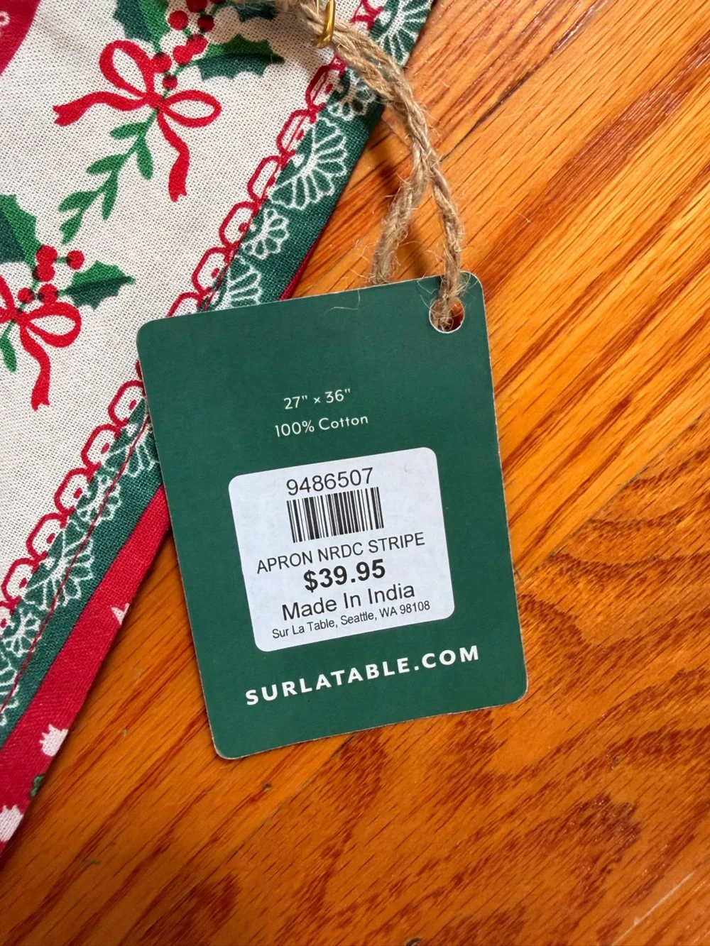 Sur La Table Green & Red Floral Stripe Holiday Apron, NWT
